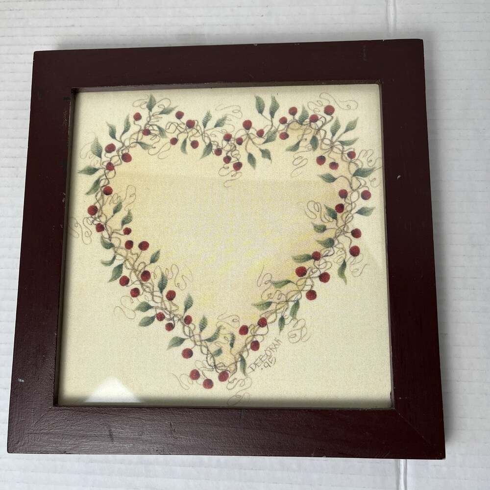 Vintage Deborah Berry Heart Wreath Framed Wall Art Country Cottage Decor 1995